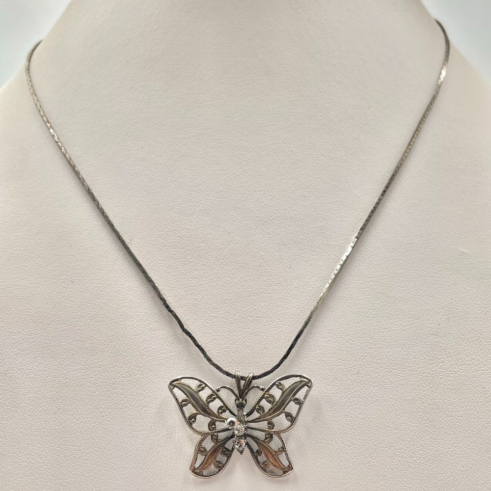 Vintage Silver Tone Filigree Butterfly Pendant Necklace Y2K Boho Chic Crystal